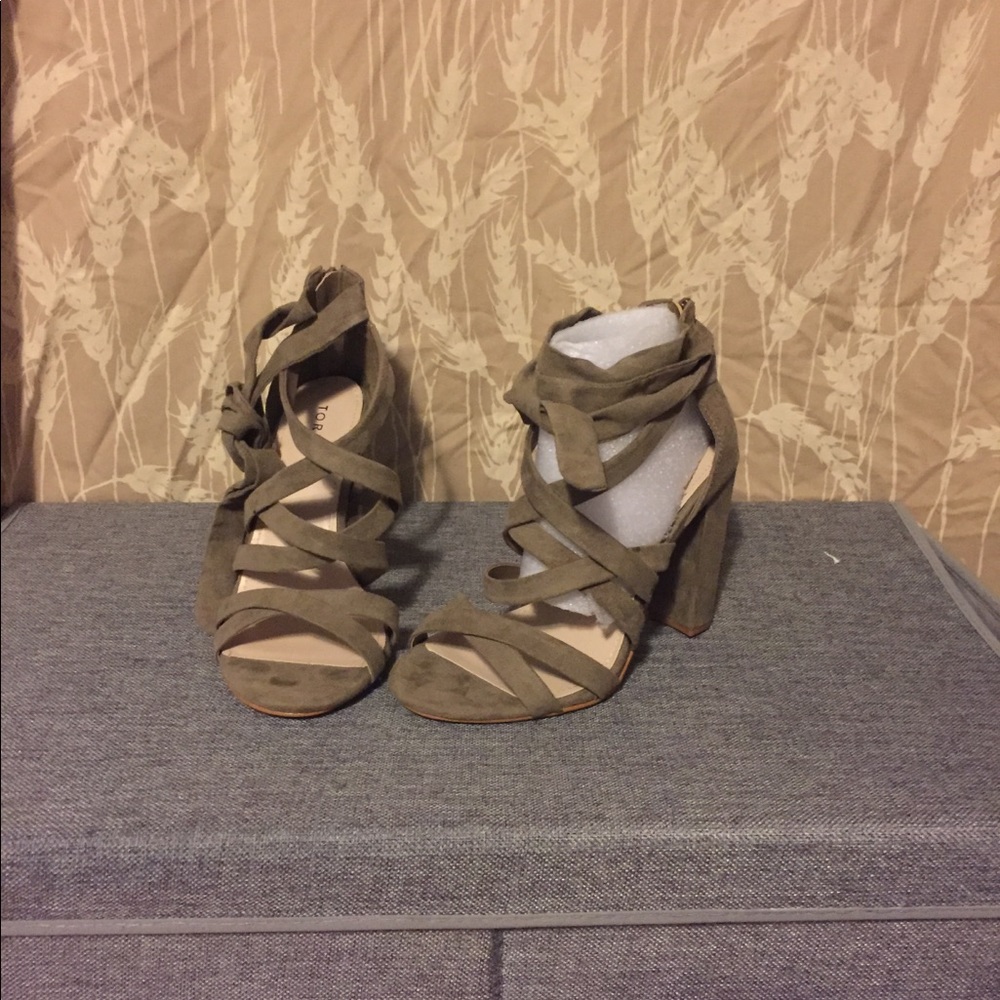 4 inch heel, Taupe thick strappy wrap sandals.